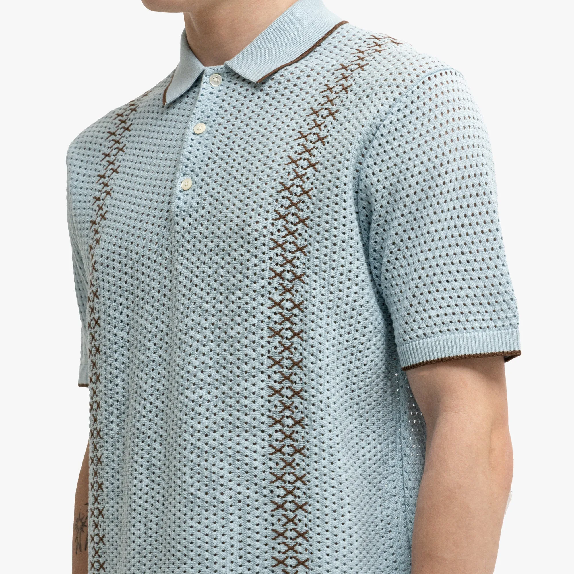 BEAMS PLUS Mesh Knit Stripe Polo Sax