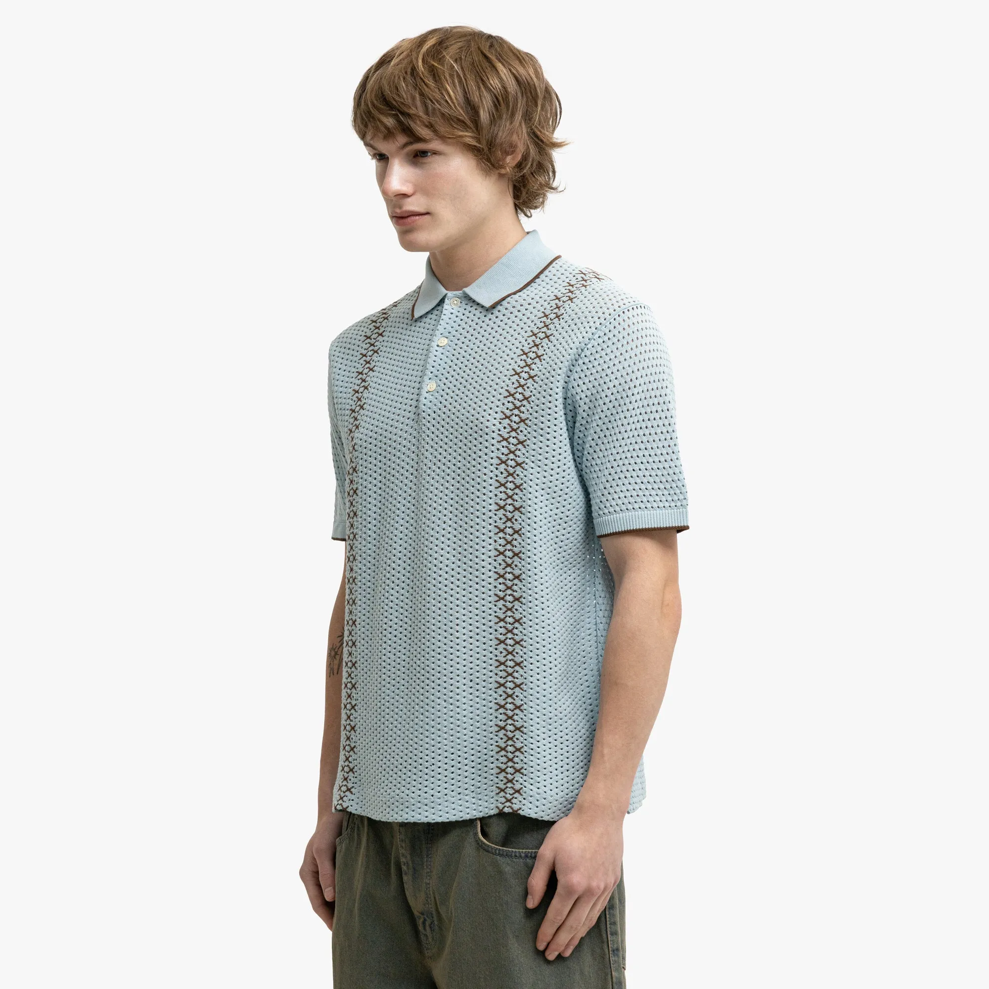 BEAMS PLUS Mesh Knit Stripe Polo Sax