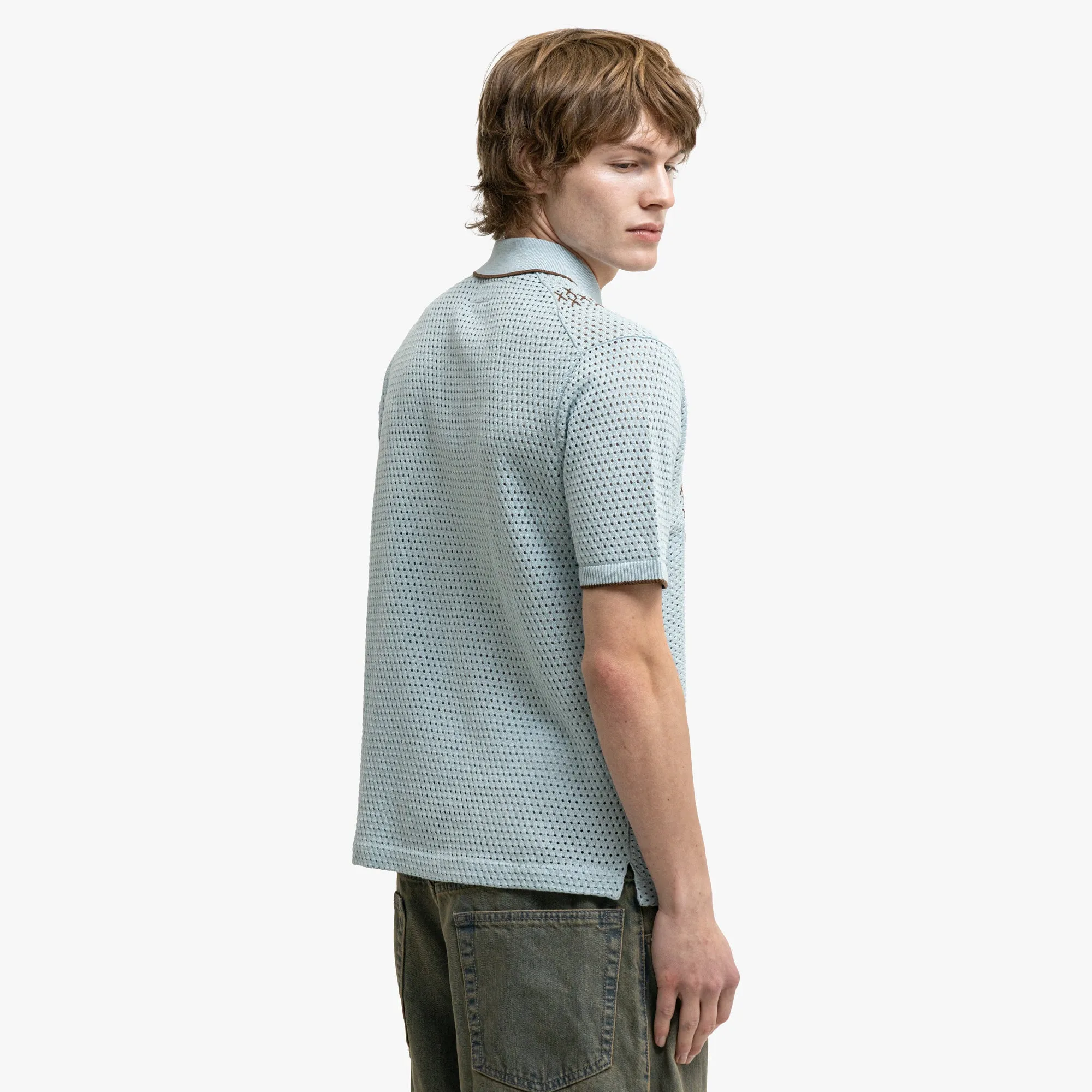 BEAMS PLUS Mesh Knit Stripe Polo Sax