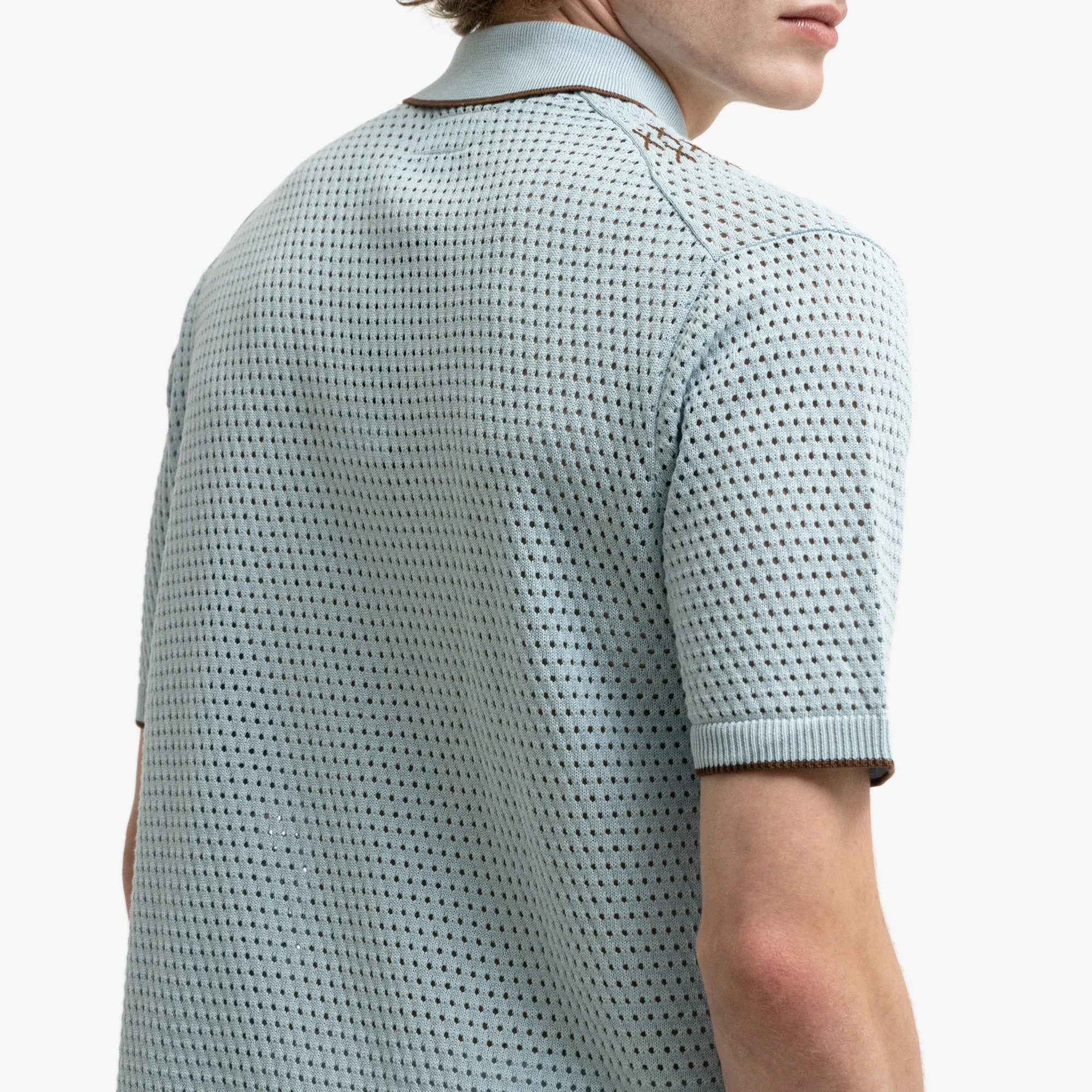 BEAMS PLUS Mesh Knit Stripe Polo Sax