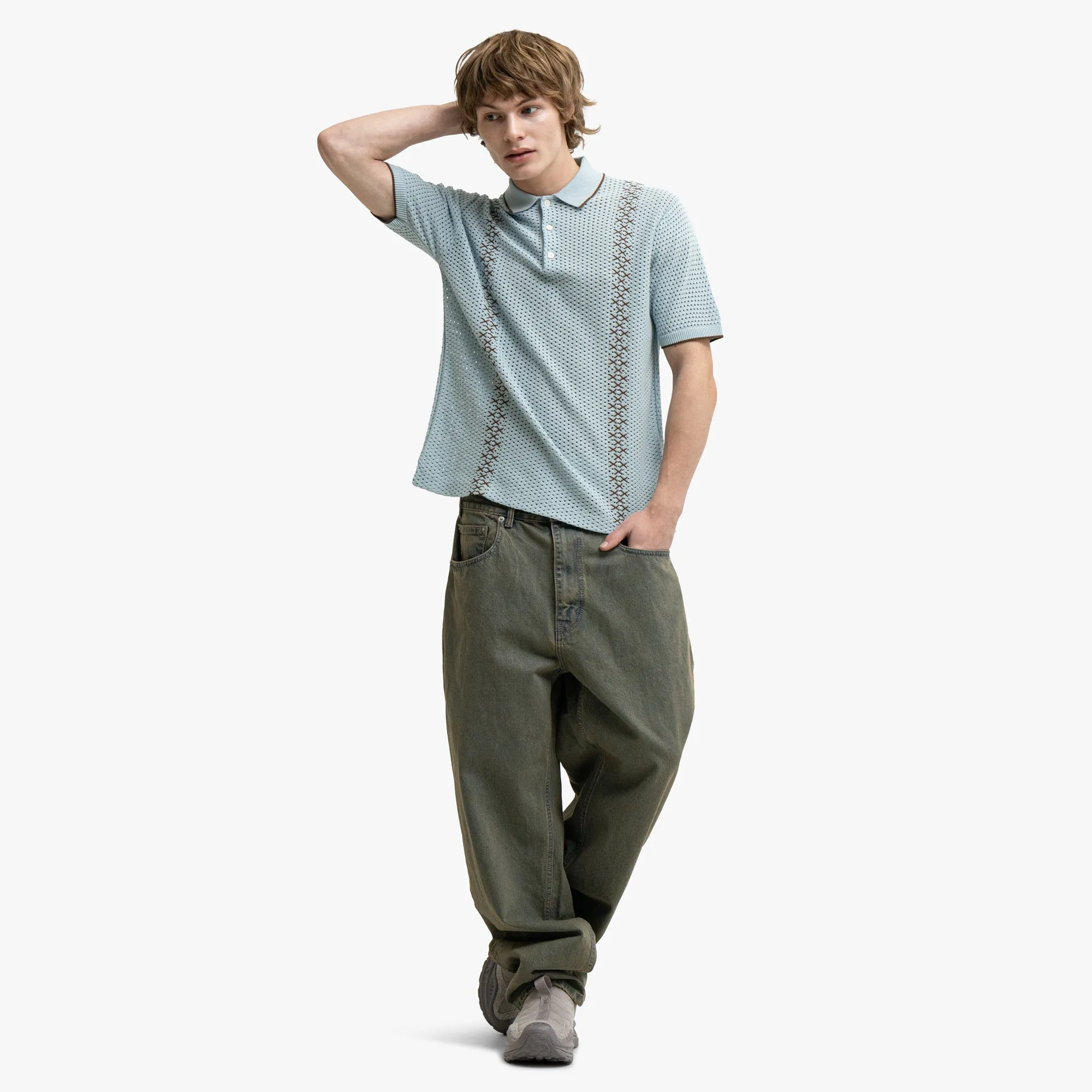 BEAMS PLUS Mesh Knit Stripe Polo Sax