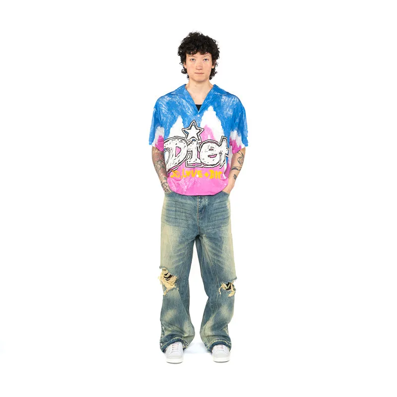 Diet Starts Monday Knievel Button Up Shirt - Blue/Pink