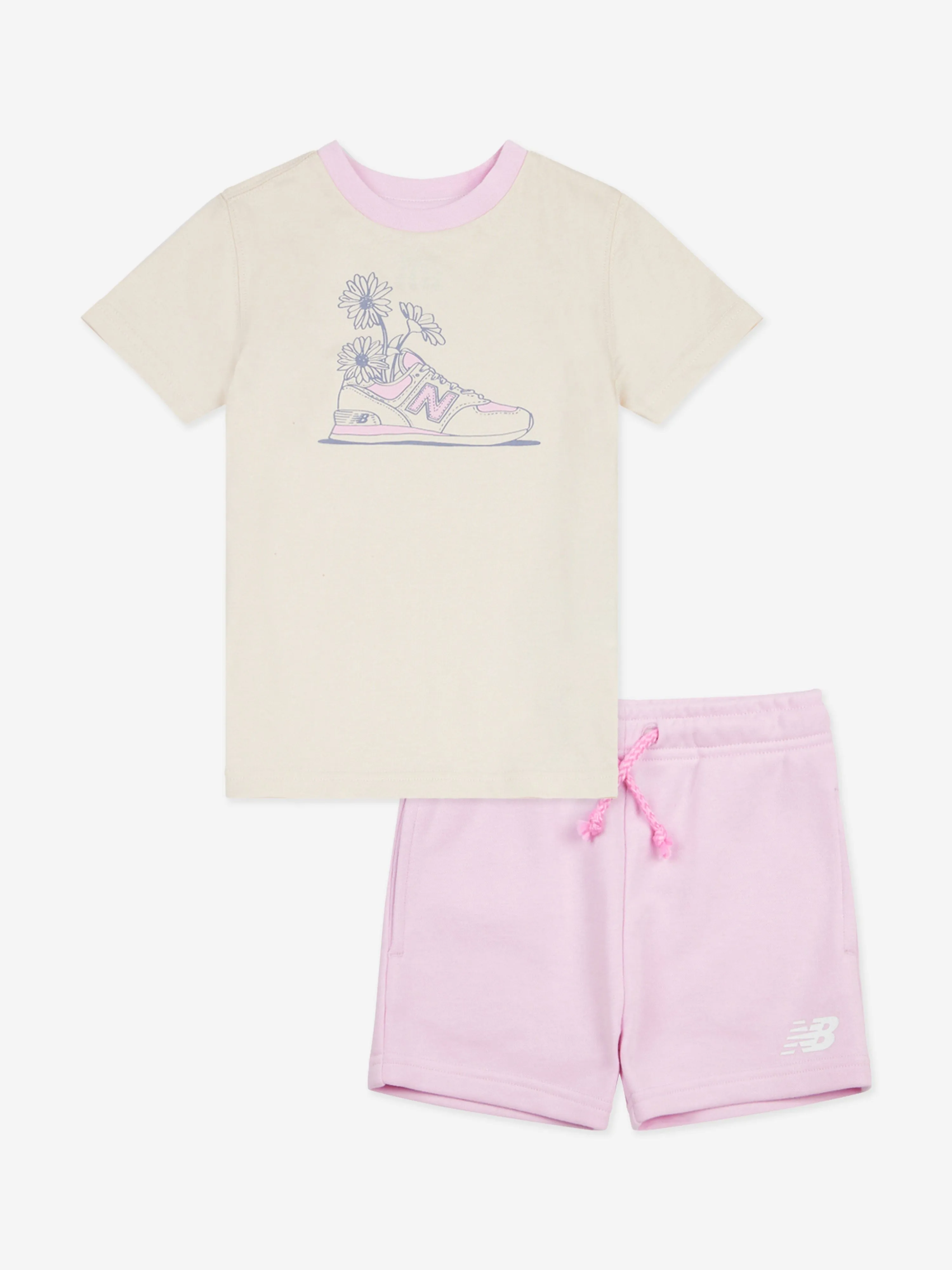 New Balance Girls Floral Shoe Graphic T-Shirt and Shorts Set in Beige