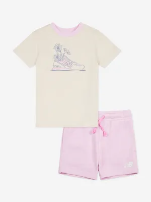 New Balance Girls Floral Shoe Graphic T-Shirt and Shorts Set in Beige
