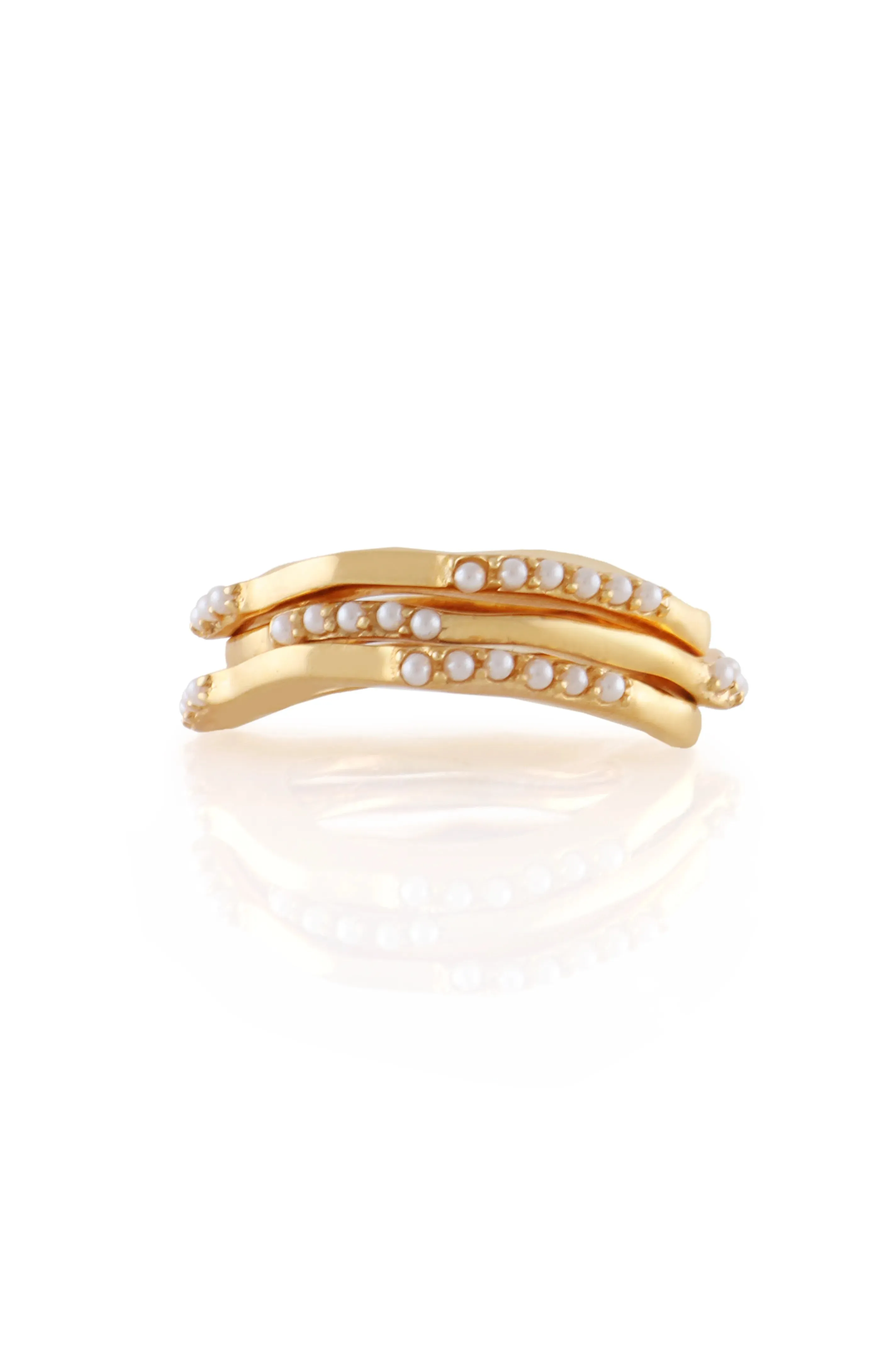 Set Of 3 Wave Gold Rings With Mini White Pearls in Size 7