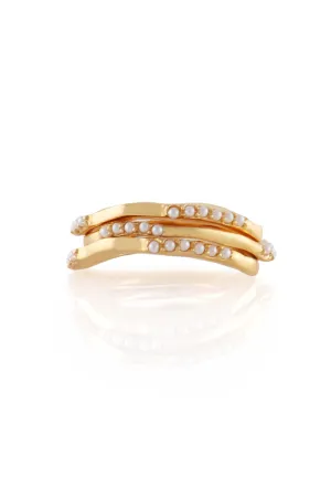 Set Of 3 Wave Gold Rings With Mini White Pearls in Size 7